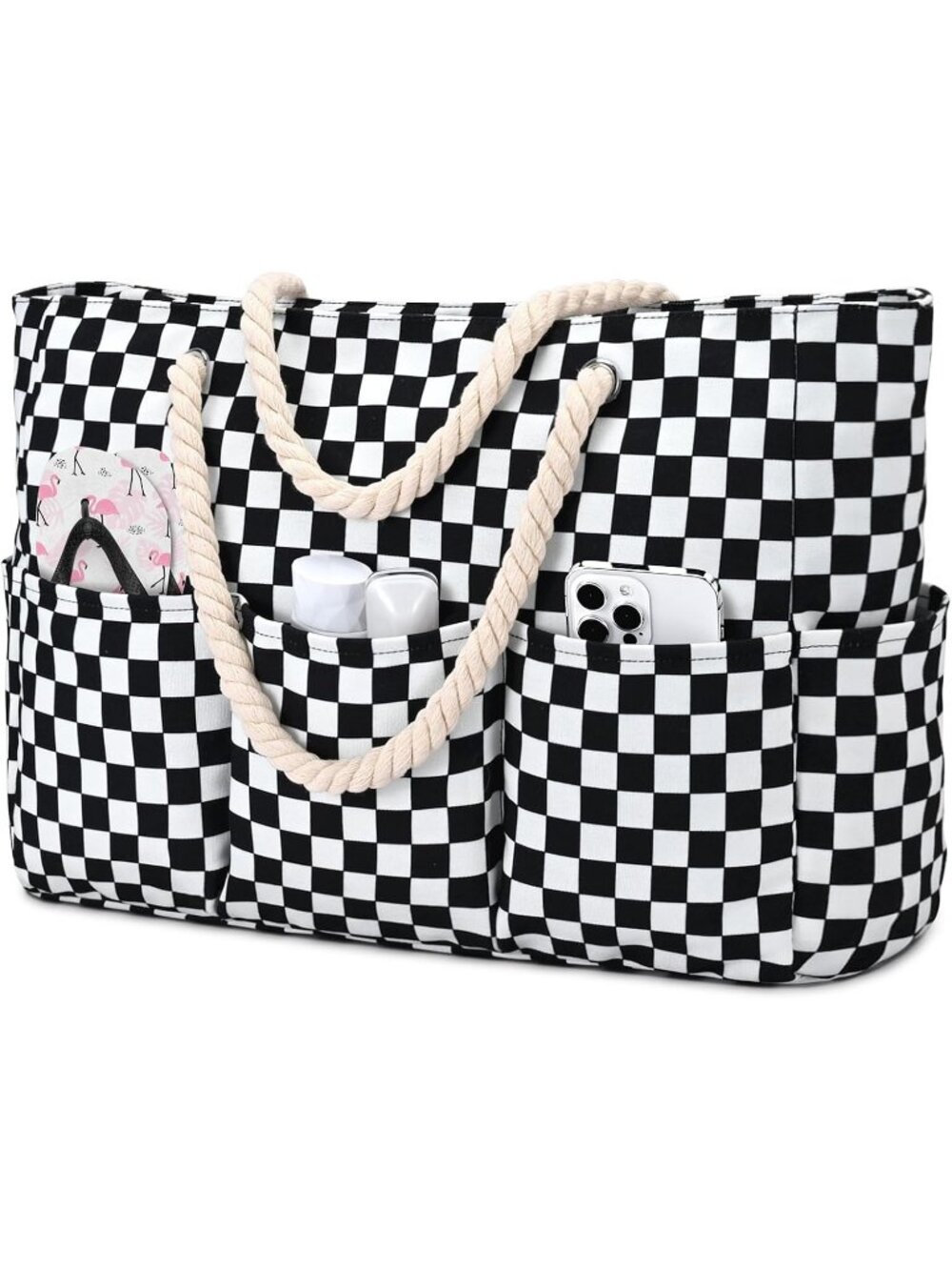 Women's White Checkered Large Canva Beach Tote Waterproof Sandproof Foldable Bag